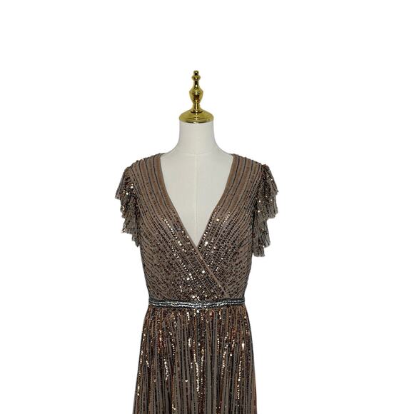 Mac Duggal 5502 Copper Sequin Wrap Gown Ruffled Cap Sleeve Long Gown Size 8 $698 - Picture 5 of 10